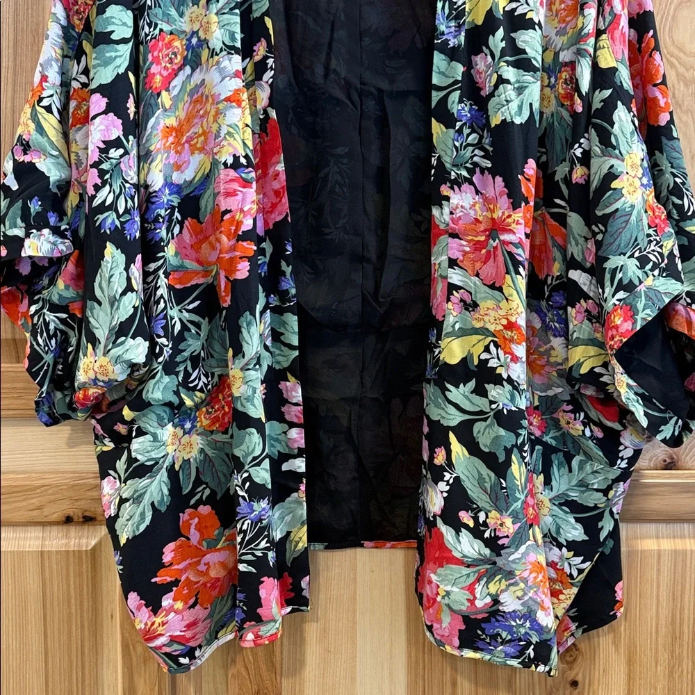 Simply Irresistible Black Colorful Floral Elbow Sleeve Boho Kimono Blazer Sz XL